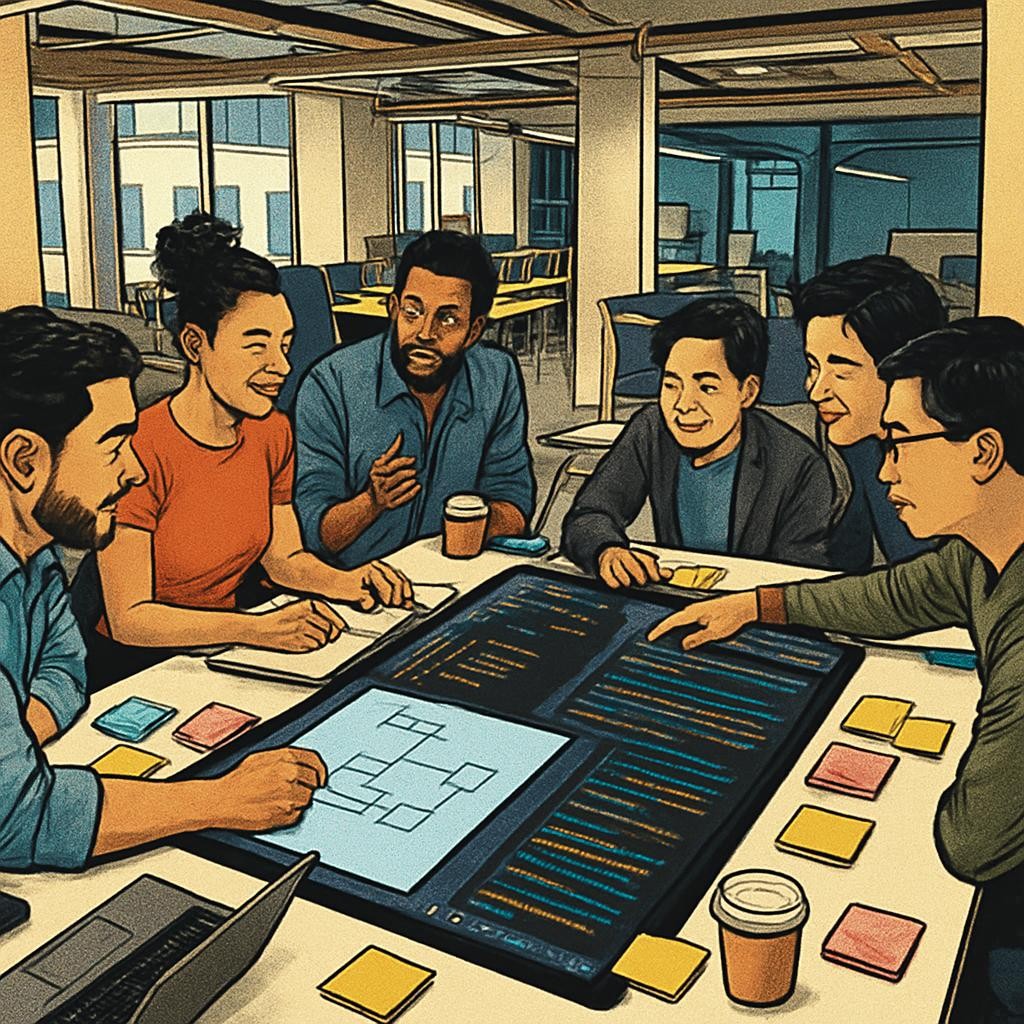 Team brainstorming with digital coding and AI robot interface