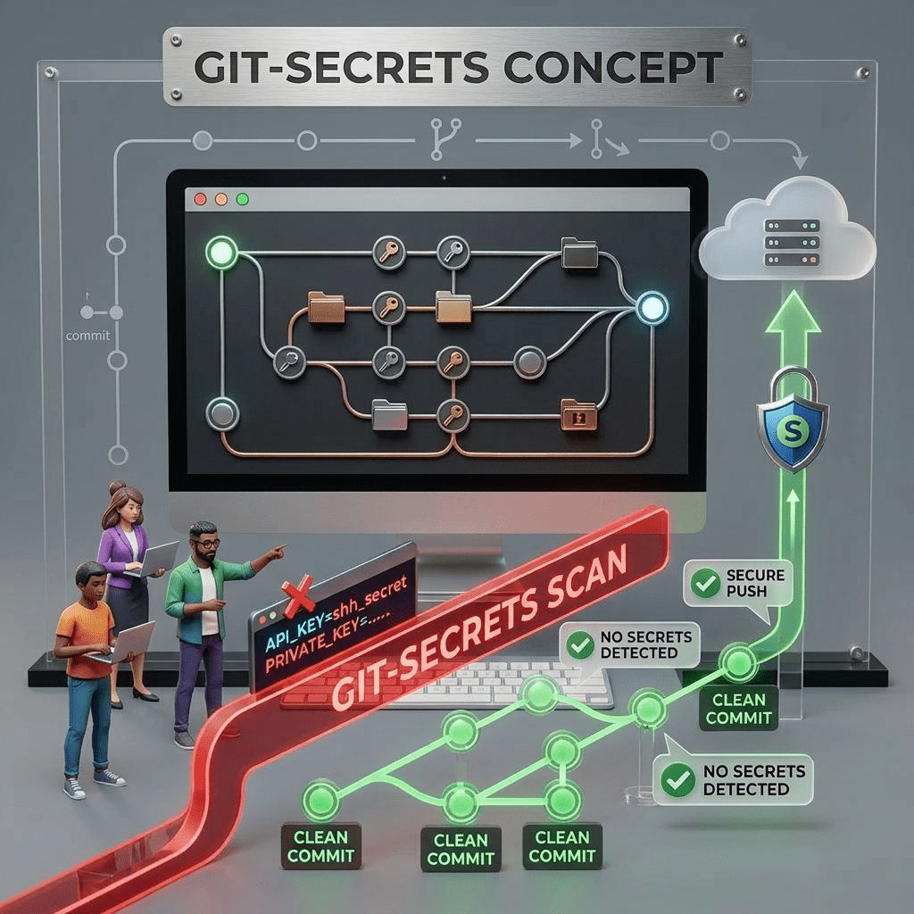 Git-Secrets scan workflow showing detection of API and private keys, with clean commits leading to a secure push to the cloud server